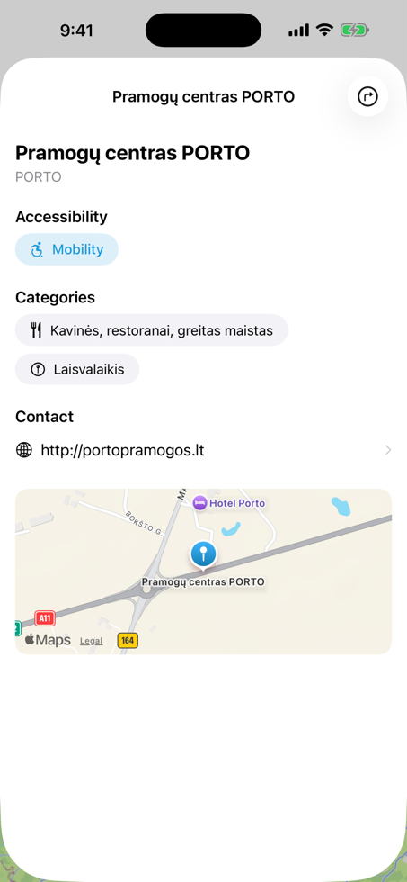 DisabledEnabled place detail screen with accessibility, category, contact, and map information