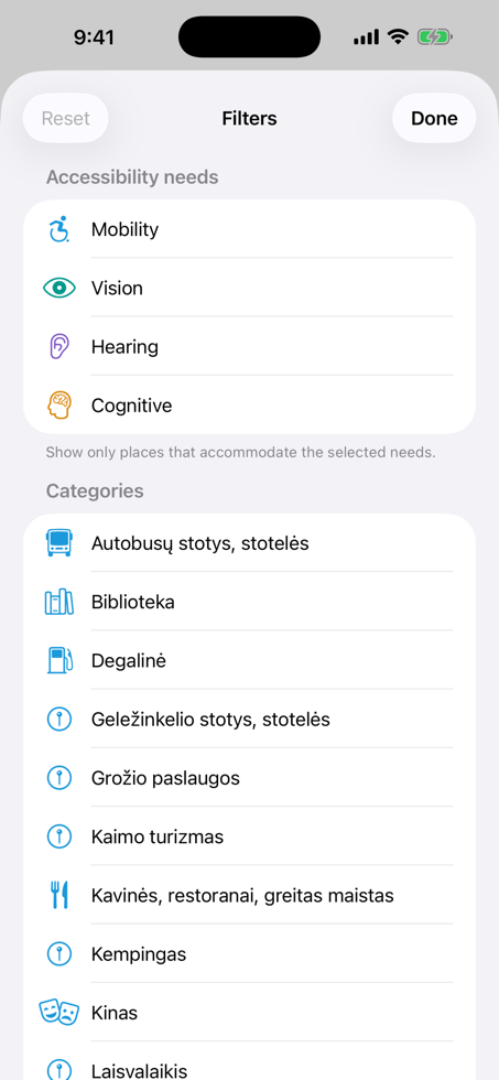 DisabledEnabled filters screen for accessibility needs and place categories