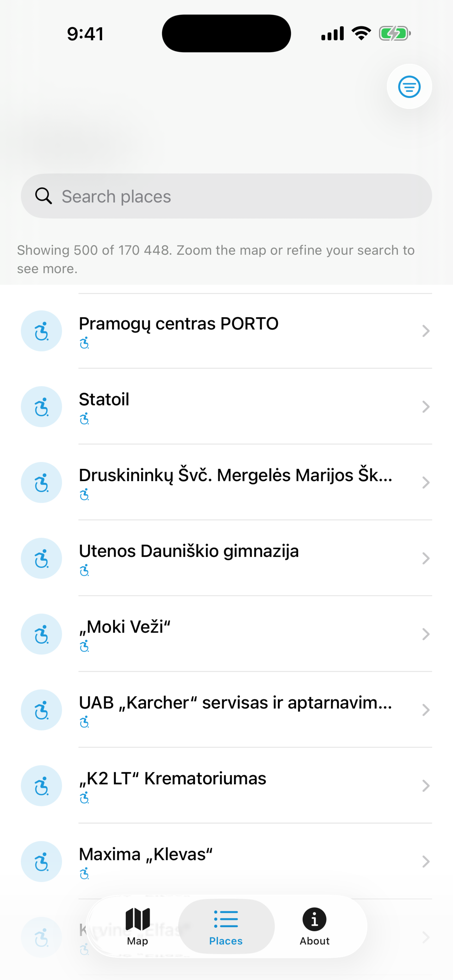 DisabledEnabled places list showing search and accessible place rows