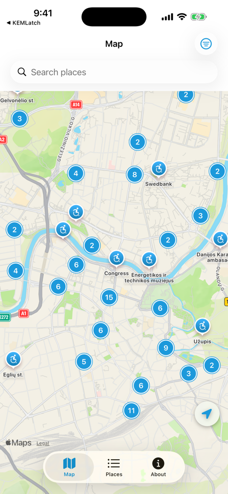DisabledEnabled map screen with clustered accessibility pins around Vilnius